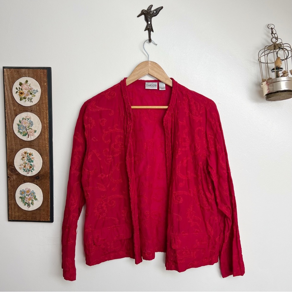 Silk & Linen Brocade Vintage Red Cardigan Jacket Medium